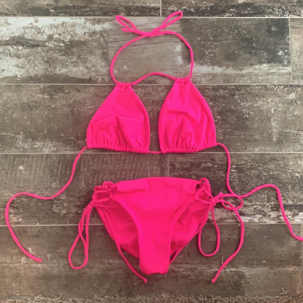 hot pink triangle top & tie side bikini